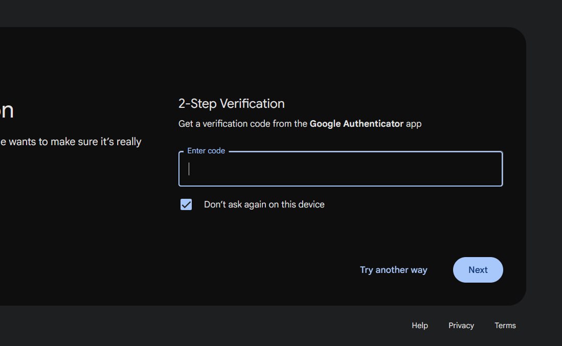 Ввод 2FA в Google